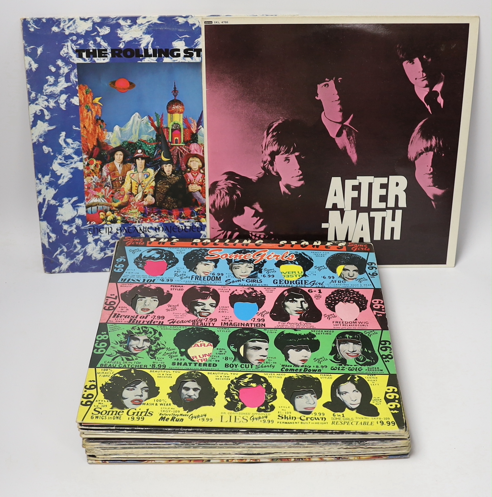Sixteen LP albums by The Rolling Stones, and related, and Jimi Hendrix, including Aftermath, Their Satanic Majesties Request, Some Girls, Tattoo You, She’s the Boss, Gimme Some Neck, Band of Gypsies, Hendrix in the West,